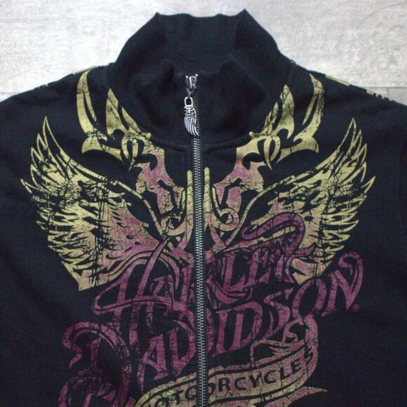 Vtg Harley-Davidson Women Sweatshirt L Black Wings Logo Graphic Full Zip Heart - Picture 3 of 6